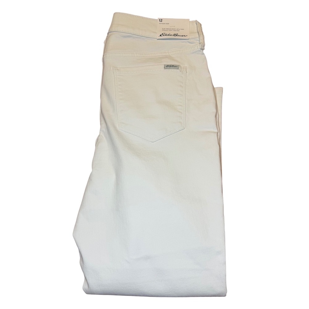 Eddie Bauer Voyager Crop Jeans Womens 12 White High Rise Straight Slim 2040 NEW